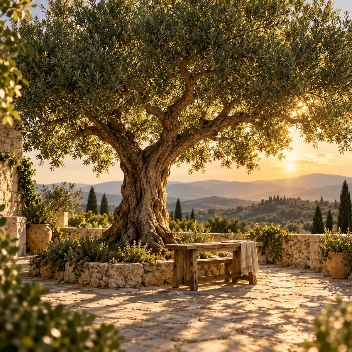 A mature olive tree and quiet bench in a courtyard, symbolizing patient patronage