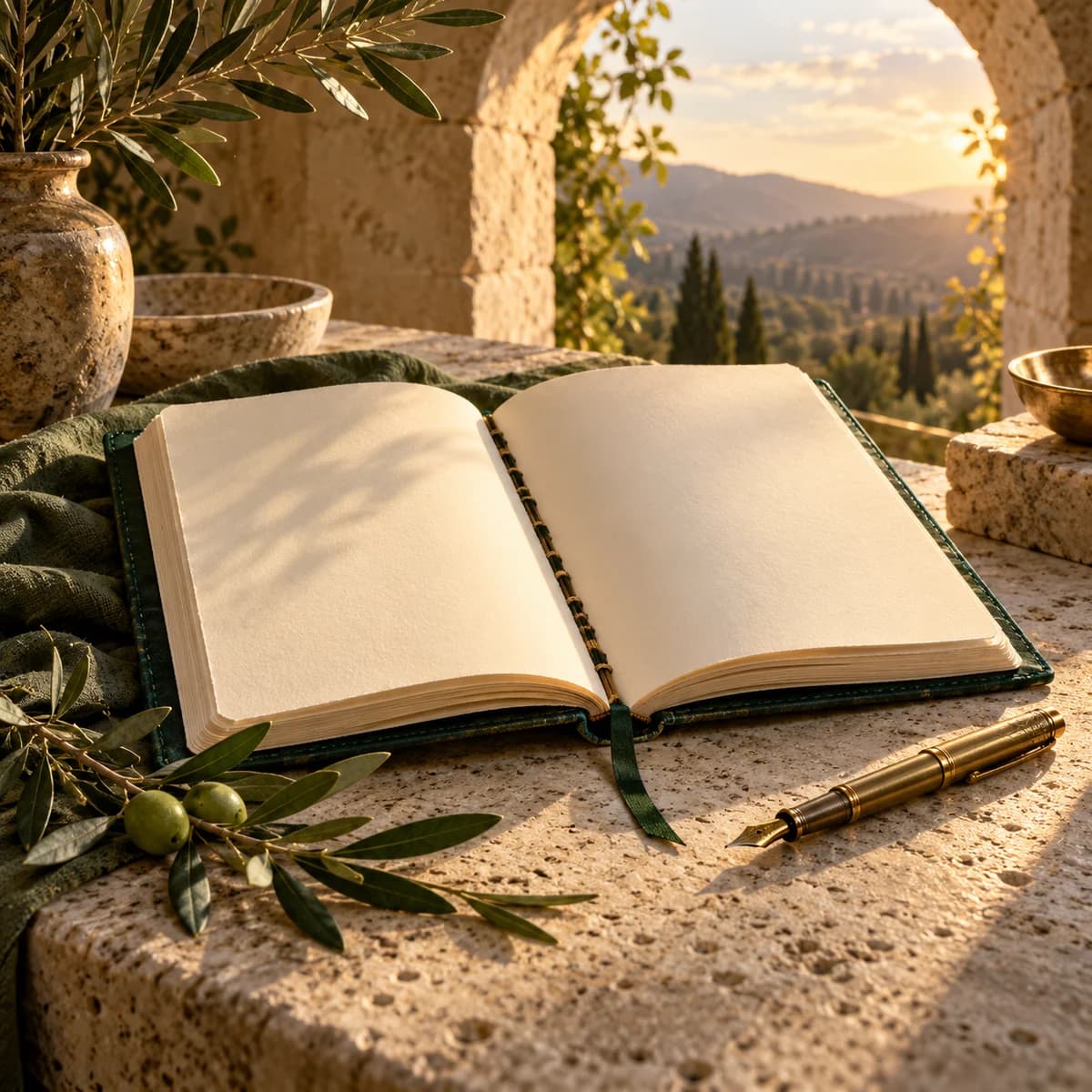 An open emerald journal and brass pen on limestone, symbolizing the steady work of writing