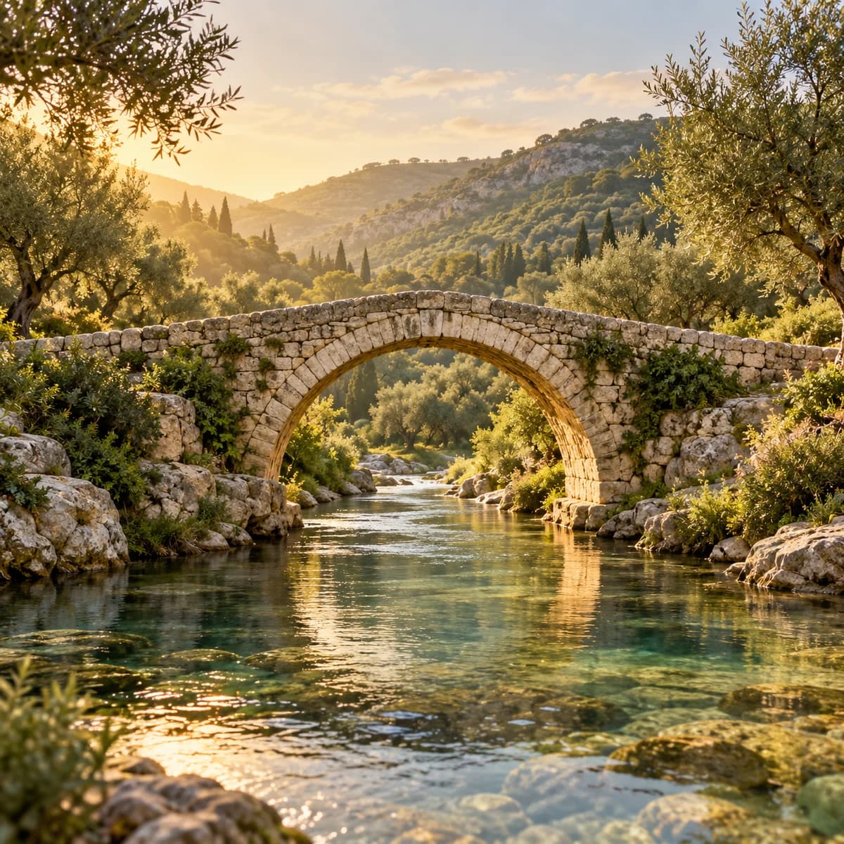 A warm stone arch bridge spanning a river, symbolizing connection and community sponsorship