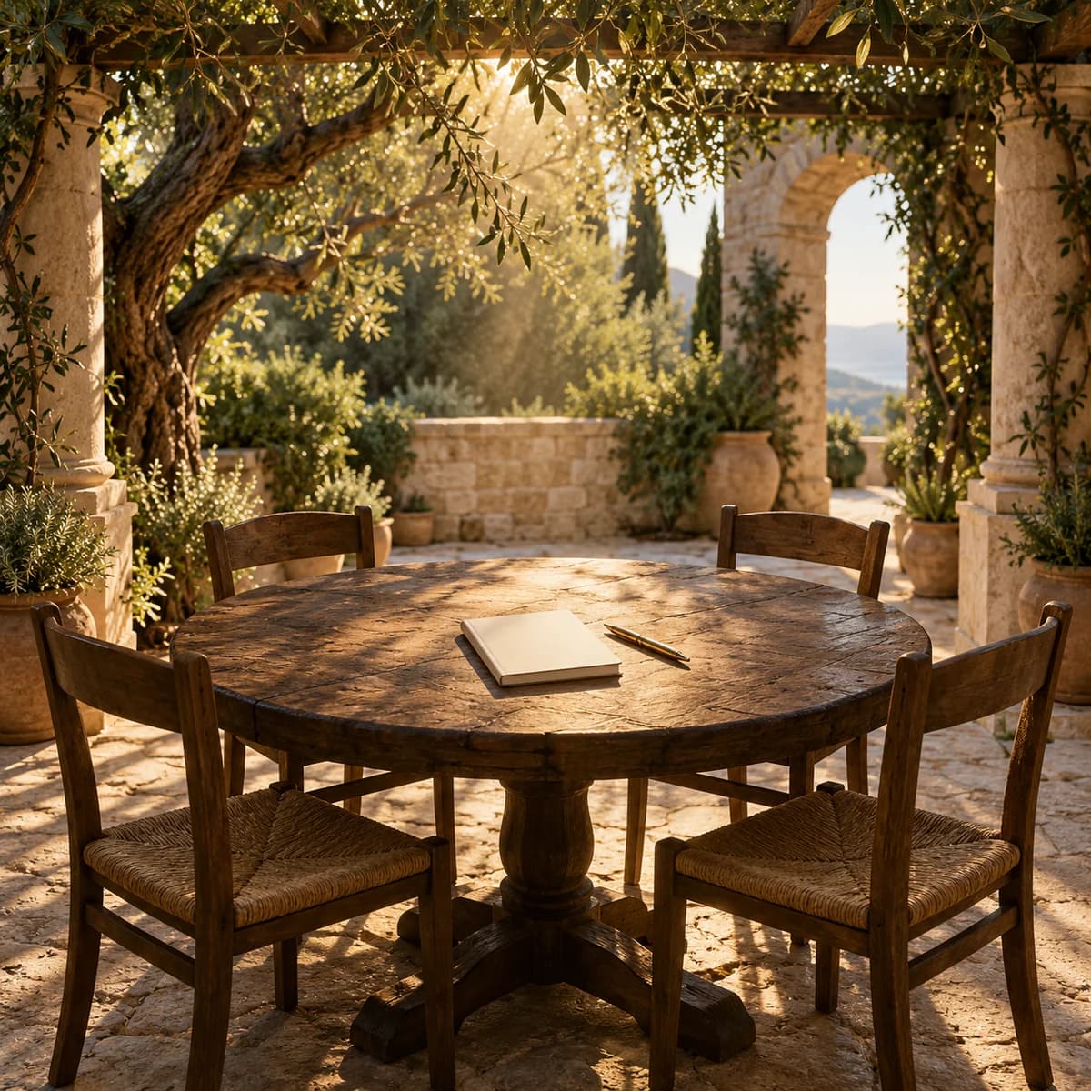 An empty round wooden table beneath an olive pergola, symbolizing an invitation to connect