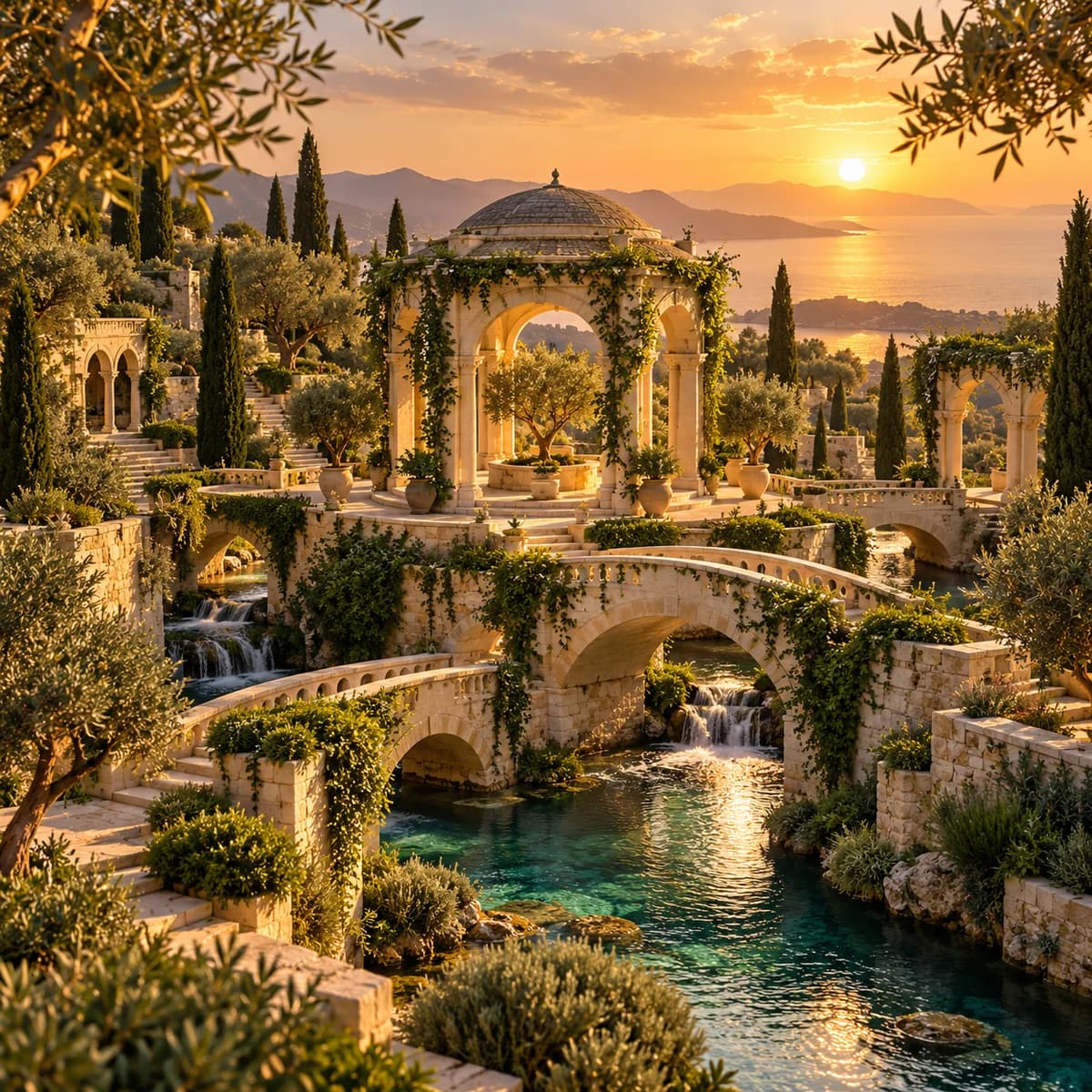 Terraced limestone courtyards, bridges, and a water garden, symbolizing a lasting contribution